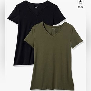 Multipack - 2 V Neck Tee Shirts - Black and Olive - T shirt Pack - Amazon Medium